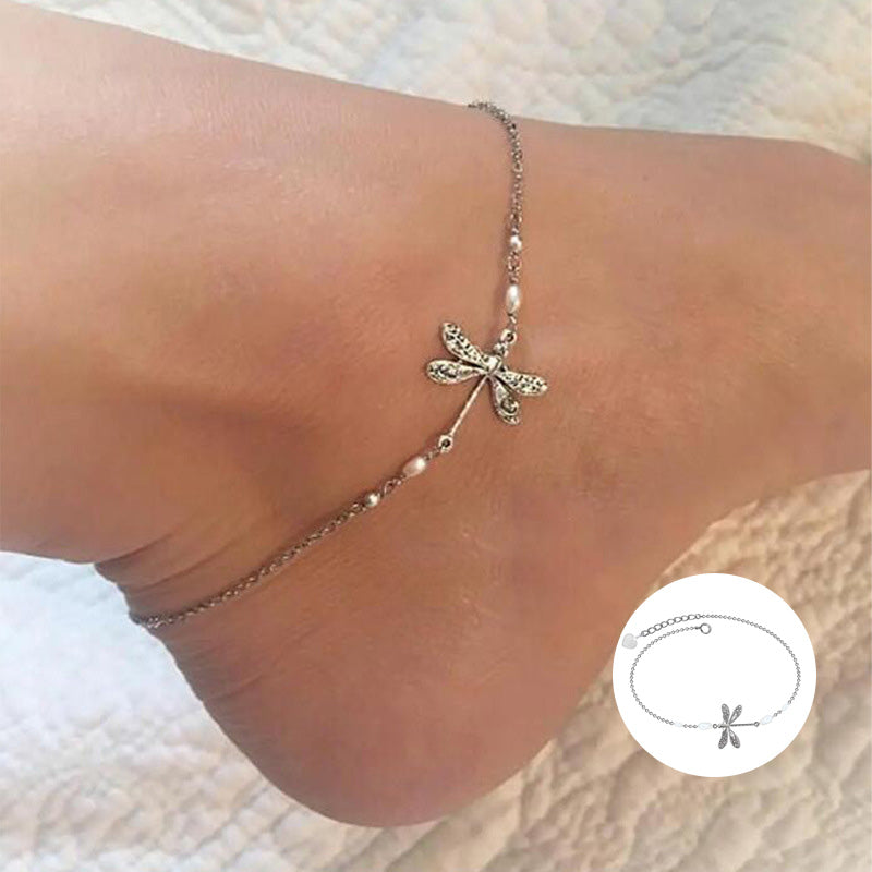 Simple Dragonfly Anklet With Pearl