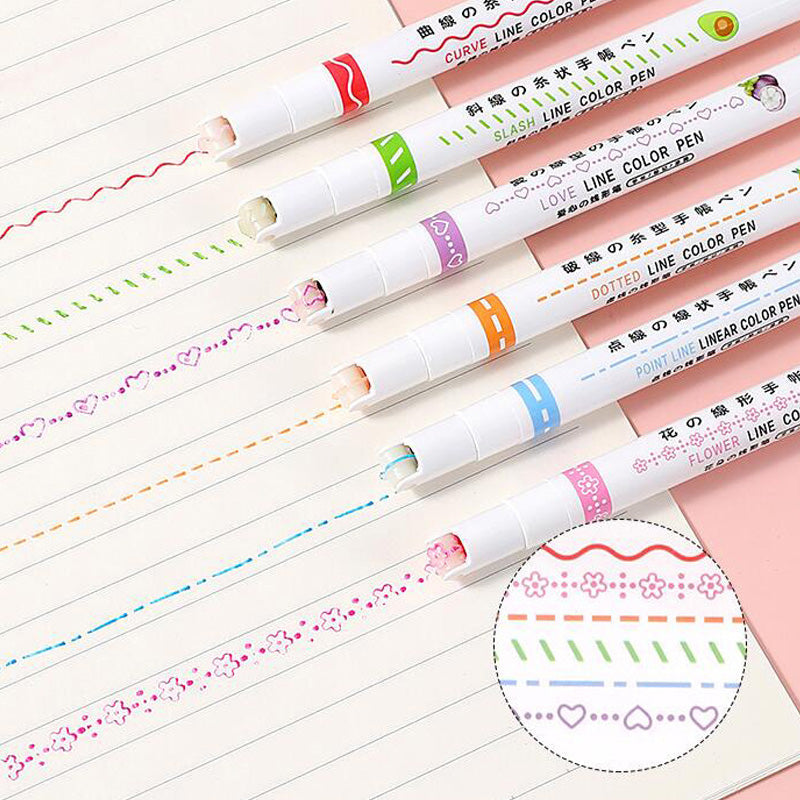 Dual Tip Pens with 6 Different Curve Shapes Fine Tips(1set/6pcs)