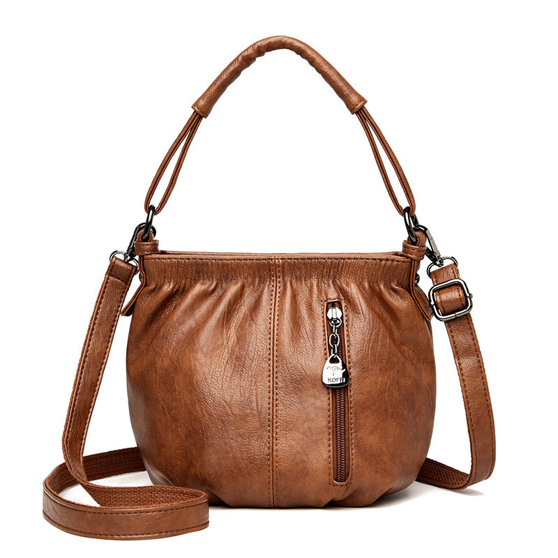 Fashion Simple Casual Pleated Bucket Soft Leather Handbag Shoulder Bag