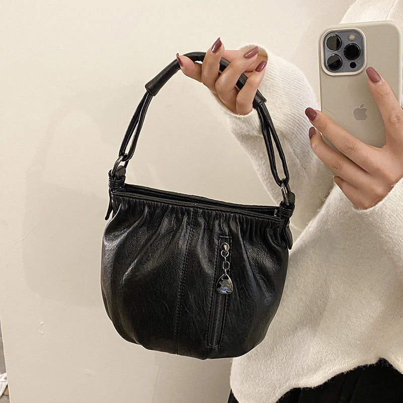 Fashion Simple Casual Pleated Bucket Soft Leather Handbag Shoulder Bag